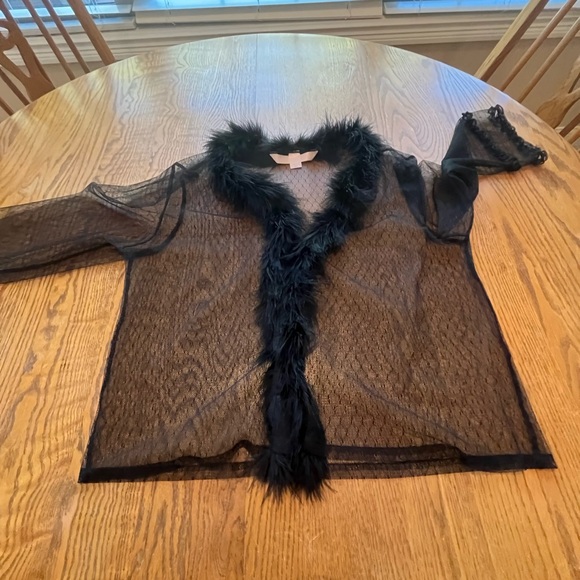 Victoria's Secret Black Sheer Lace Open Jacket Top Feather Boa Trim M/L Y2K Era? - Picture 5 of 11